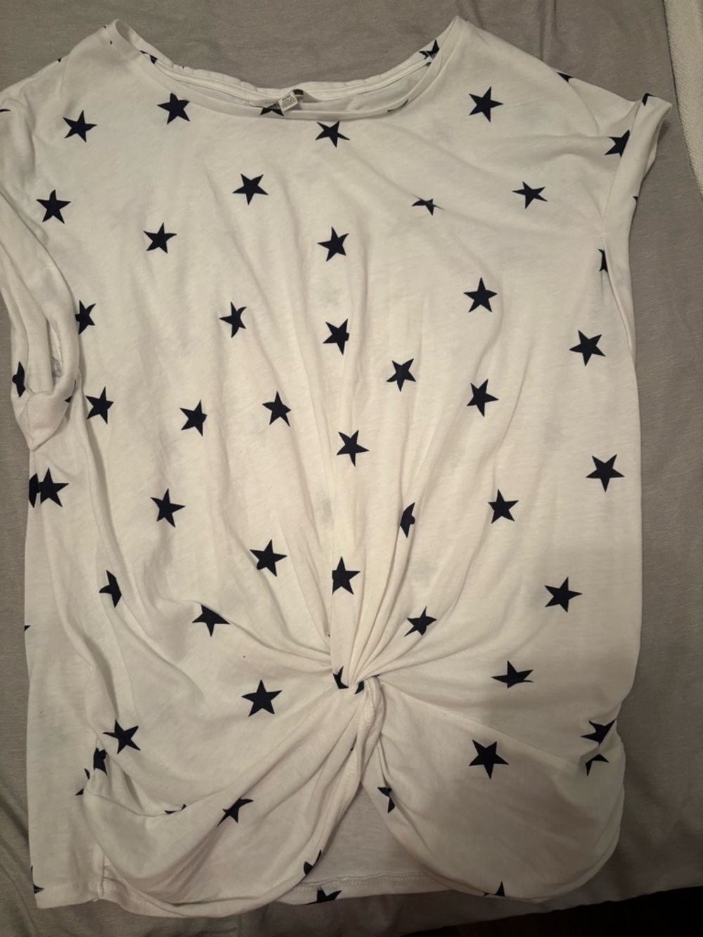 Lucky Brand White Tee with Black Star Print and Front Twist